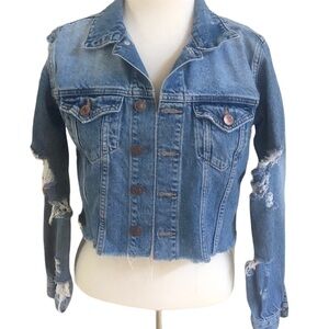 Jean Jacket Raw Hem Cropped Ripped Distressed Size Small Forever 21